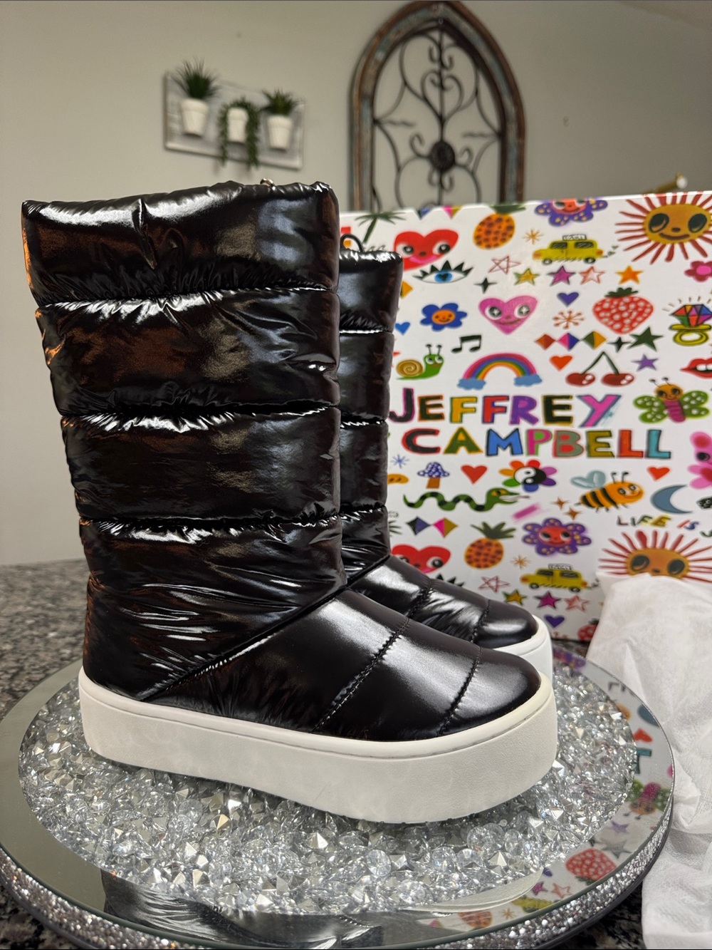 Jeffrey Campbell Snowed Black Quilted puffer Patent Platform Snow Boots NEW 9